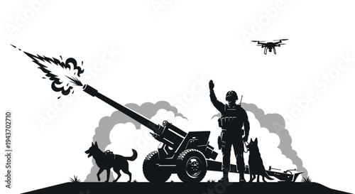 Soldier operating artillery cannon with drone and dogs, military action, warfare concept