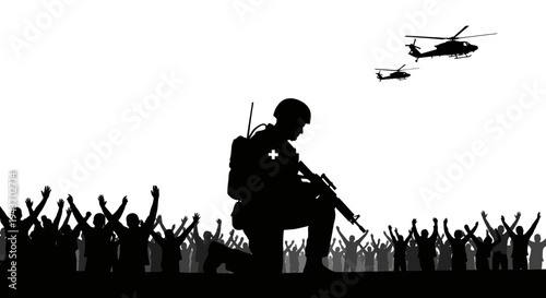 Soldier Kneeling with Medical Cross, Rescuing Crowd Under Helicopters