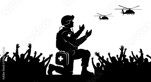 Soldier Medkit Praying Crowd Helicopters Silhouette Hope Rescue Aid