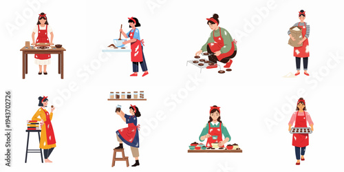 Vector illustration set of women in red aprons baking cookies, including mixing dough, rolling, cooling, and tasting delicious homemade treats.