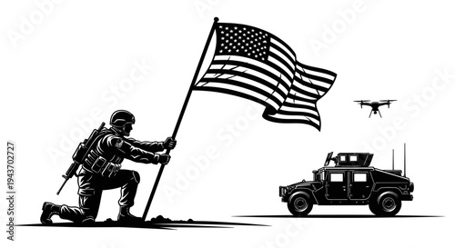 Soldier Planting American Flag with Drone and Humvee, Symbolizing Military Victory and Patriotism
