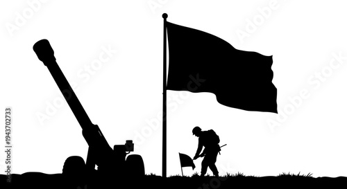 Soldier Planting Flag Next to Artillery Cannon Silhouette, Victory Symbol