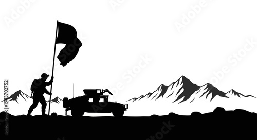 Soldier Raising Flag Beside Military Vehicle in Mountainous Landscape Silhouette