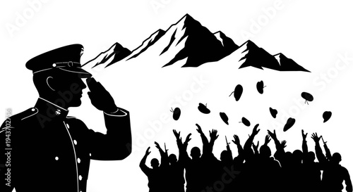 Soldier Salutes Crowd Releasing Doves Over Mountains