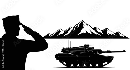 Soldier Saluting Beside Tank with Mountain Background - Military Scene Silhouette