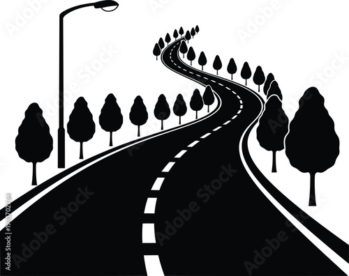A winding road with trees and streetlights on a white background