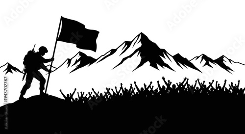 Soldier Raising Flag on Mountain Peak with Cheering Crowd Silhouette Victory