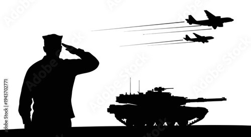 Soldier Saluting Military Aircraft and Tank Silhouette