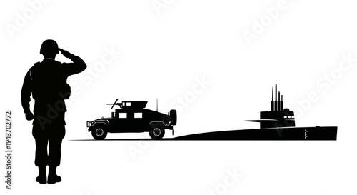 Soldier Saluting Military Vehicle and Submarine Silhouette