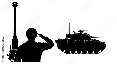Soldier Saluting Military Tank and Artillery Gun Silhouette