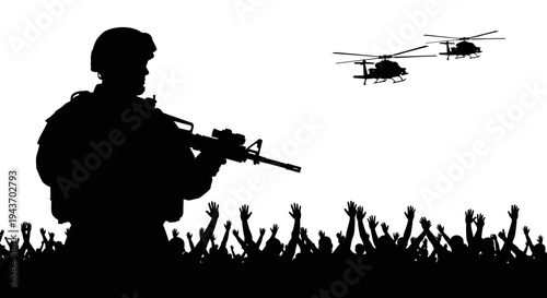 Soldier silhouette with helicopters and cheering crowd