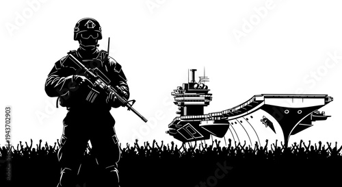 Soldier Standing Guard with Aircraft Carrier in Background, Silhouette of Crowd