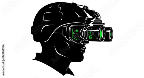Soldier wearing night vision goggles, tactical helmet, military equipment, dark silhouette