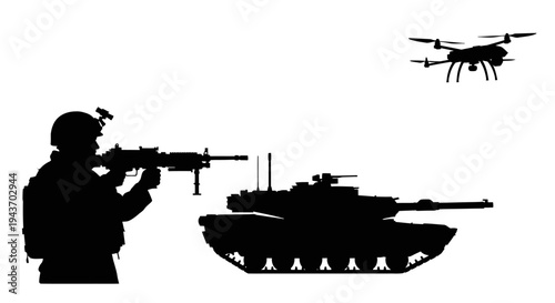 Soldier with assault rifle and drone near tank, military technology concept