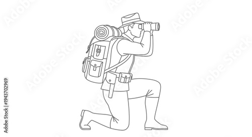 Soldier with Binoculars and Backpack Kneeling, Scouting and Observation