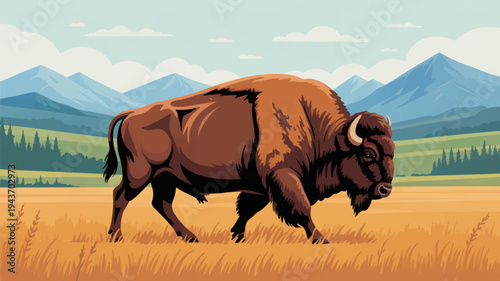 Large brown bison walking in a field with mountains and trees in the background serene landscape