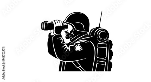 Soldier with Binoculars and Backpack Looking Through Binoculars