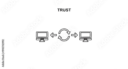 Two computers exchanging data with trust symbol in between.