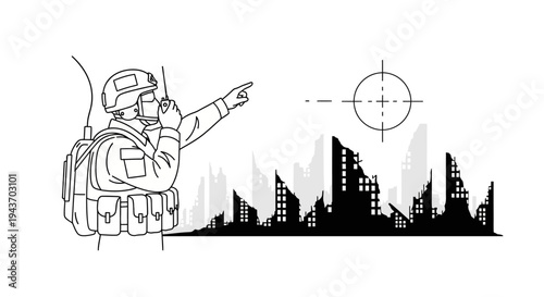Soldier with radio points at target over ruined city, tactical communication, war zone