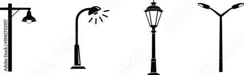 Four different street lamp post silhouettes on white background