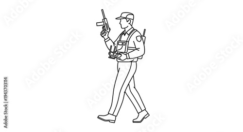 Soldier with rifle and drone controller walking, military, security, technology