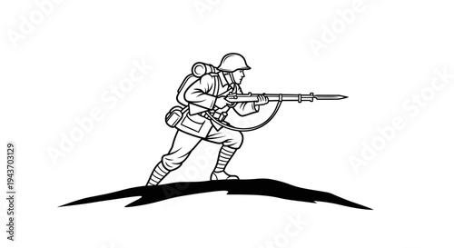 Soldier with Rifle Advancing on Hilltop, Military Action Line Art