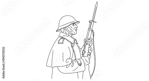 Soldier with Rifle and Bayonet, Vintage Military Illustration