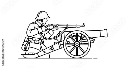 Soldier with Rifle and Cannon, Military History, Vintage Line Art