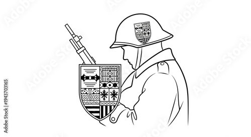 Soldier with shield and rifle, vintage illustration, military emblem, historical combatant