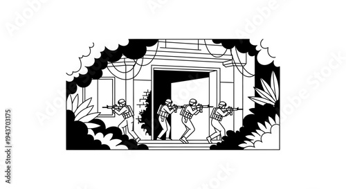 Soldiers advancing into building, jungle environment, military operation, tactical team, combat readiness