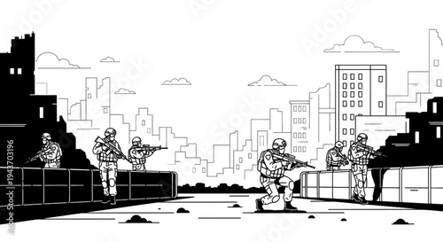 Soldiers in Combat Gear Advancing Through Urban Warfare Scene