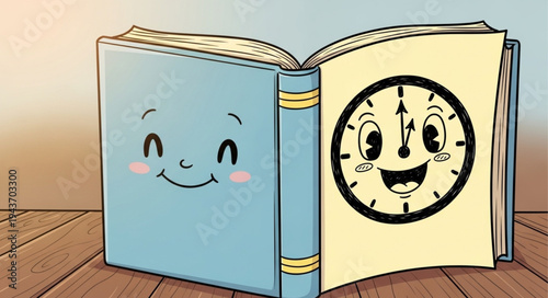 Open childrens storybook with smiling clock illustration.