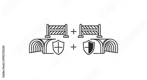 Two identical security checkpoints with shields and barriers.
