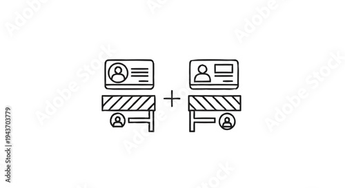 Two identification cards with security barriers and people icons.