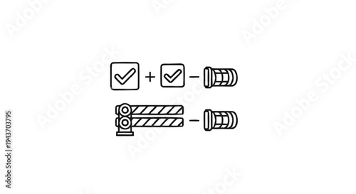 Two rows of icons showing checkmarks and a barrier gate with a filter.