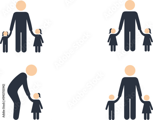 Father with children family icons set showing parenting, care, protection and love concept simple flat vector illustration