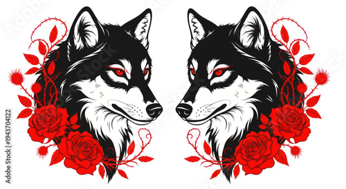 Symmetrical Wolf Heads with Red Roses and Thorns, Gothic Style Illustration