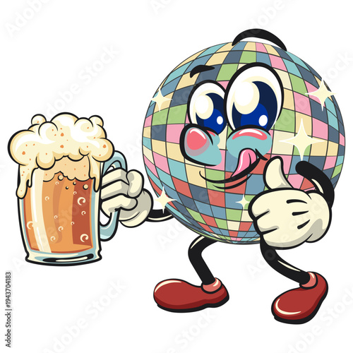 cute disco ball mascot character lift a big glass of beer, isolated vector illustration, work of hand drawn