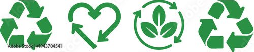 Recycle vector icon set with arrows heart and leaf eco symbols rounded angles environmental recycling signs isolated