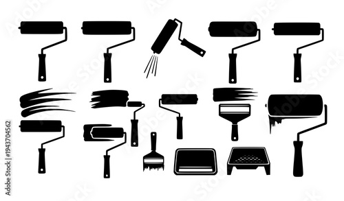 Paint roller silhouette set decoration home improvement painting tool vector illustration