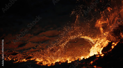 Realistic fire background with bonfire fog concept. Close-up of glowing molten lava creating stunning patterns.