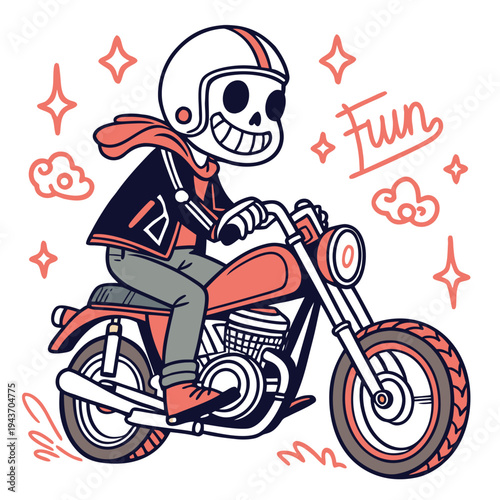 A cartoon skeleton wearing a helmet riding a motorcycle with fun and clouds