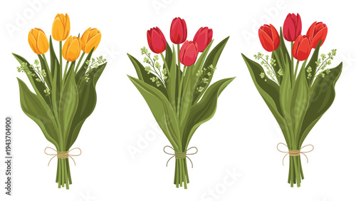 Three beautiful tulip bouquets in vibrant yellow and red colors tied with twine strings and decorated with delicate green leaves for a gift.