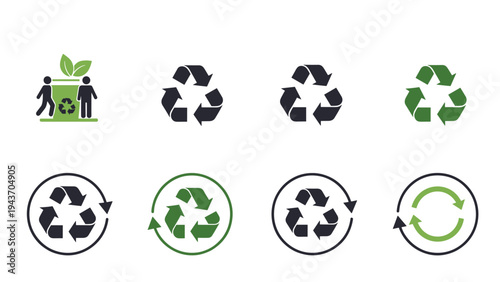 Comprehensive set of green and black recycling symbols and sustainability icons promoting eco friendly waste management and environmental care.