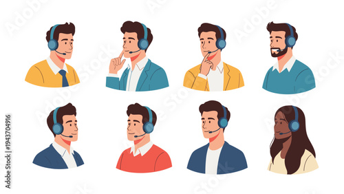 Diverse collection of customer support representatives wearing headsets with microphones in various thinking and listening poses for service help.