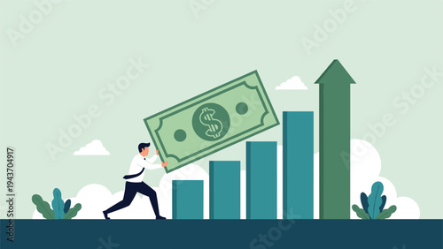 Ambitious businessman pushing a giant green dollar bill up a rising bar graph to represent financial growth, corporate success, and profit increase.
