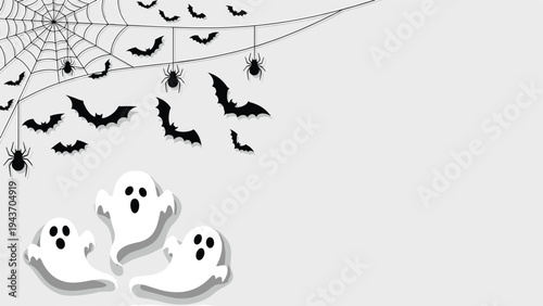 Spooky halloween scene background with white flying ghosts, black bats, and spiders hanging from detailed spiderwebs on a clean grey background.