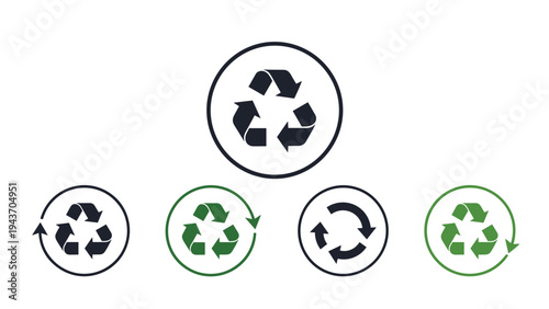 Collection of universal recycle symbols in various styles and green colors for environmental conservation branding and eco friendly packaging labels.