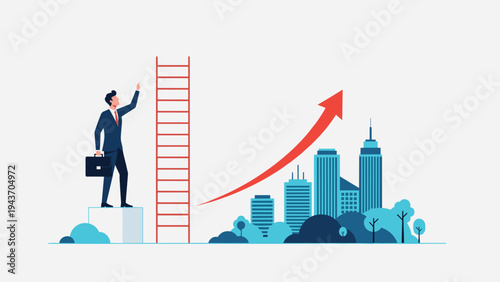 Ambitious businessman standing before a red ladder and a rising arrow over a city skyline symbolizing career growth and corporate achievement.