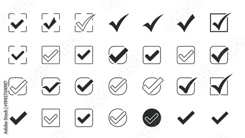 Massive collection of various black and white checkmark icons and checkbox symbols in square, circular, and hand drawn styles for web designs.
